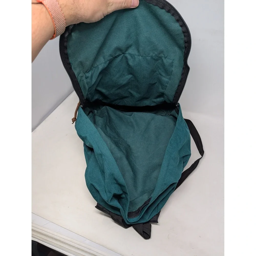 Vintage Eastpak Backpack Made in USA Teal Green Canvas Brown Suede Bottom